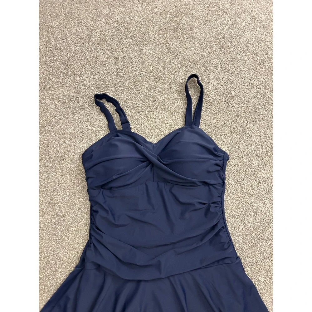 Shekini Swim Dress Womens Large Navy Blue Excellent Ruched Twist Front One Piece